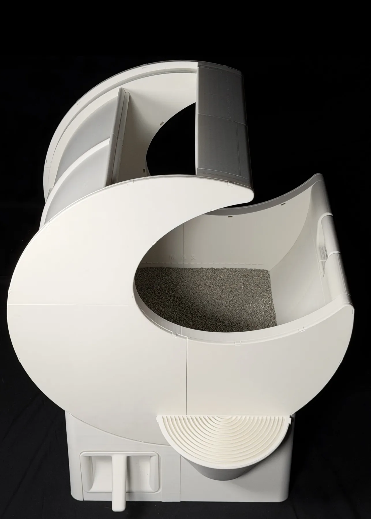 Front view of the MoonBox Litter Box showing its open entry and lower drawer